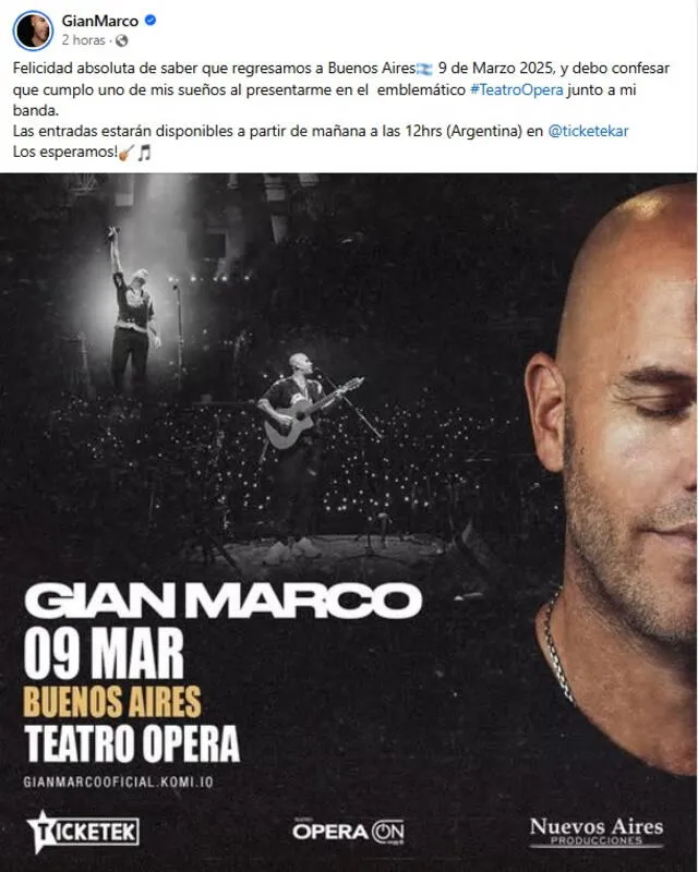 GianMarco anunció su regreso a los escenarios con concierto en Argentina.