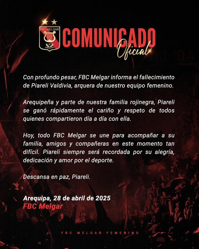 Comunicado del club rojinegro sobre el deceso de Piareli Valdivia. Foto: FBC Melgar Comunicado del club rojinegro sobre el deceso de Piareli Valdivia. Foto: FBC Melgar
