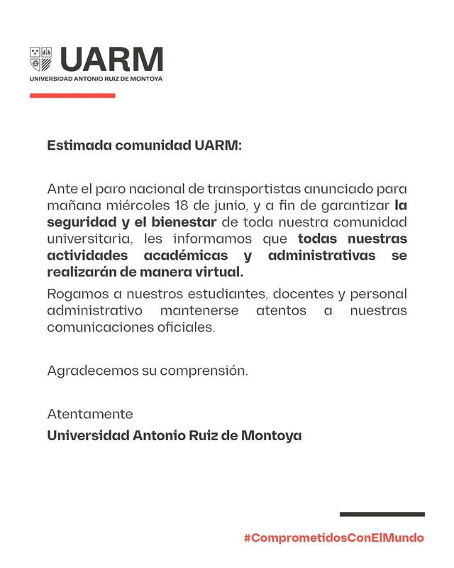 La UARM suspende sus clases presenciales por el paro de transportistas. La UARM suspende sus clases presenciales por el paro de transportistas.