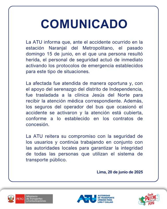 ATU comunicado accidente ATU comunicado accidente