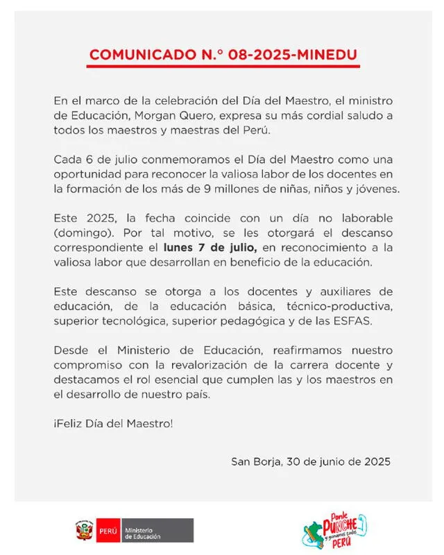 Minedu confirma que no habrá clases este lunes 7 de julio. Minedu confirma que no habrá clases este lunes 7 de julio.