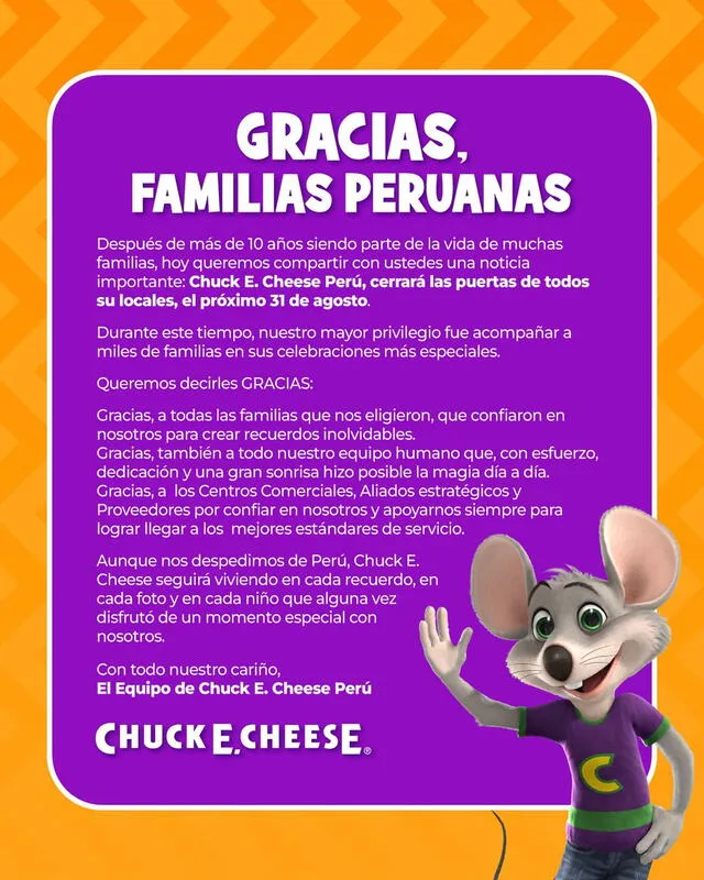 <strong> Comunicado de Chuck E. Cheese's anuncia cierre de todos sus locales en Perú.</strong> <strong> Comunicado de Chuck E. Cheese's anuncia cierre de todos sus locales en Perú.</strong>
