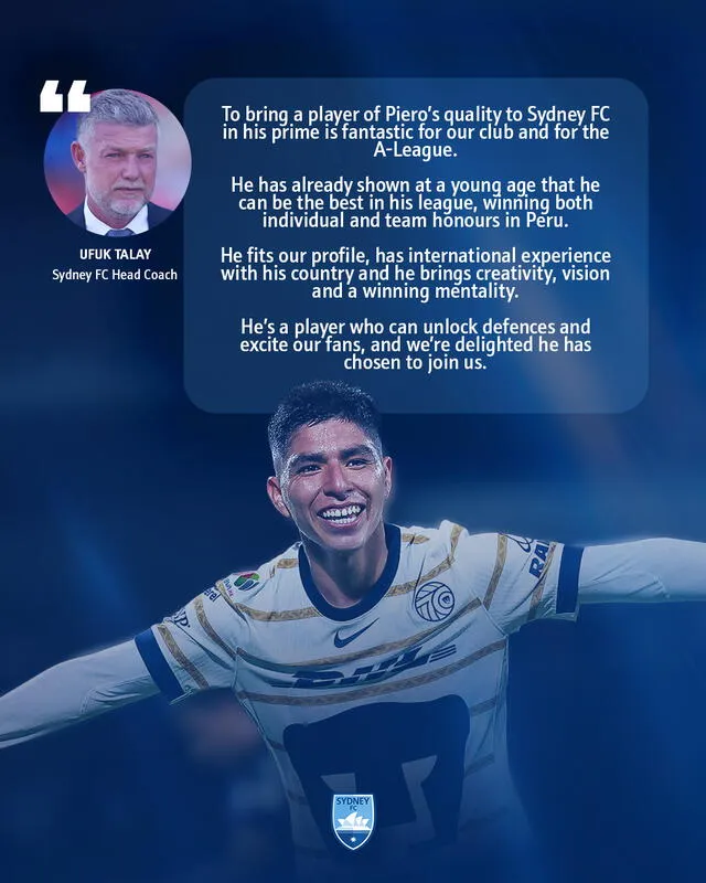  El entrenador del Sydney FC declaró sobre Piero Quispe. Foto: Sydney FC   