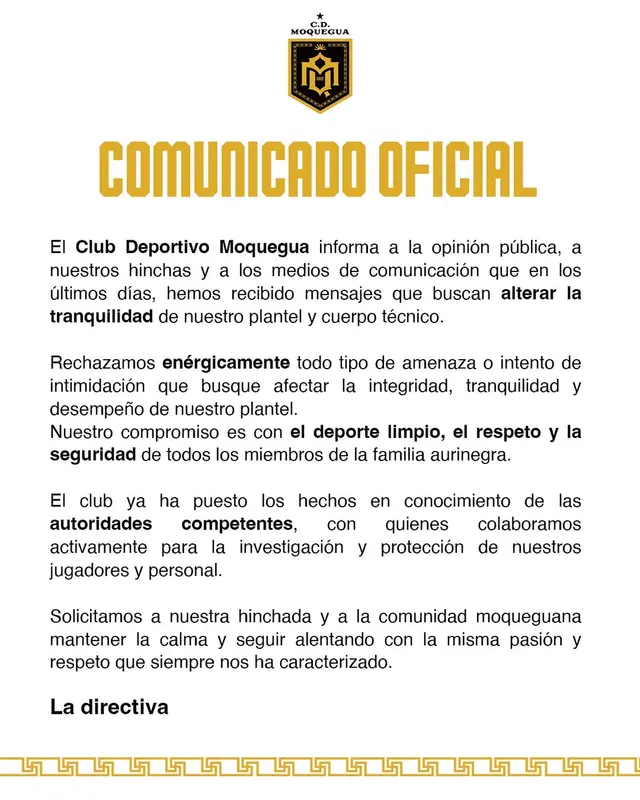 Comunicado oficial del club. Foto: CD Moquegua 