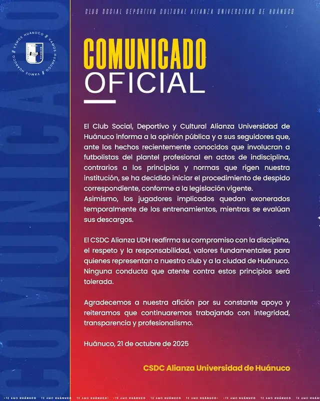 Comunicado de Alianza Universidad de Huánuco. Foto: X/AUDH 
