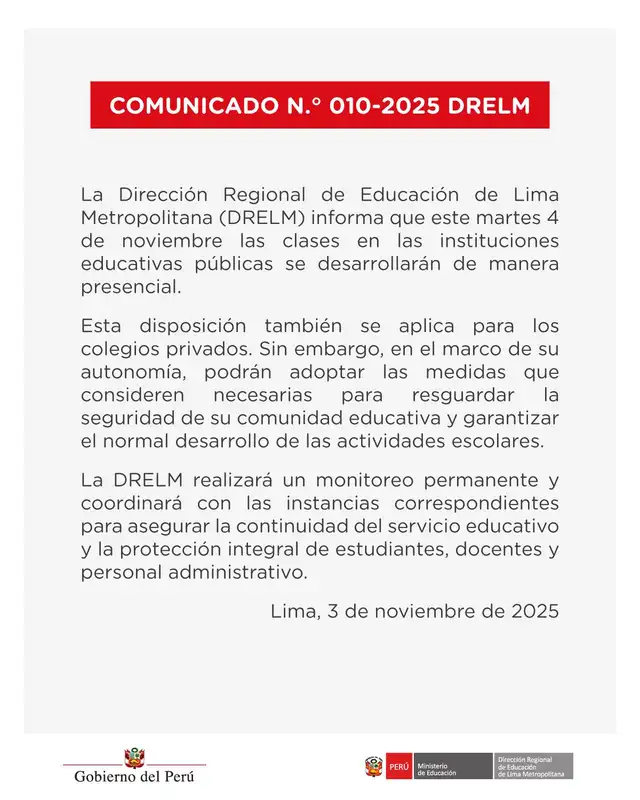 Minedu confirma clases presenciales para este 4 de noviembre.