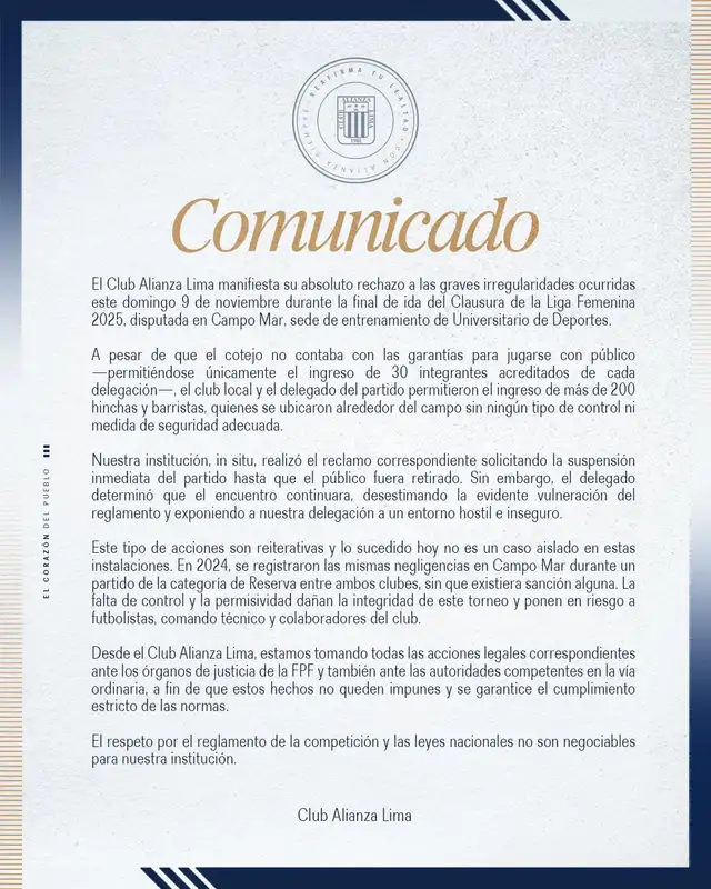 Comunicado del cuadro blanquiazul. Foto: Alianza Lima 