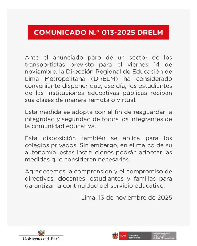 Minedu confirma clases virtuales para este 14 de noviembre ante el paro de transportistas.