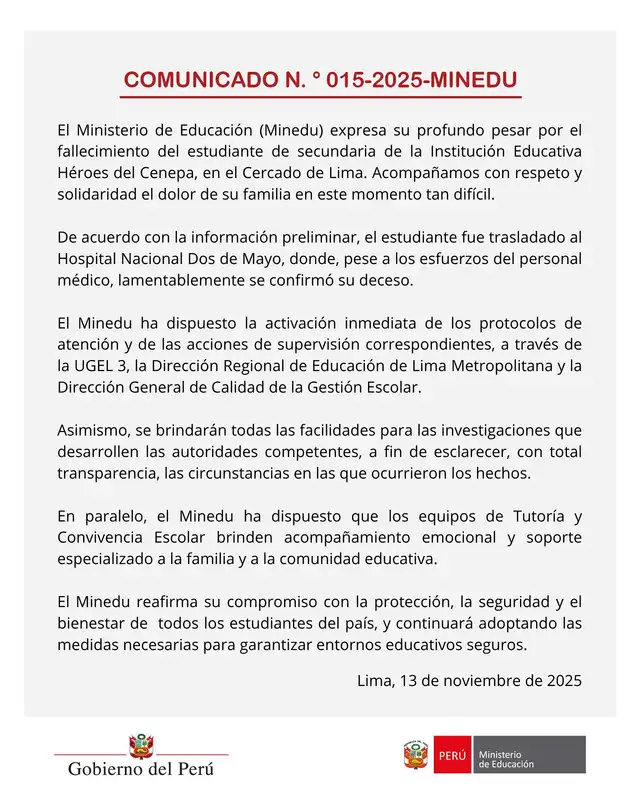 MINEDU toma acciones drásticas frente al fallecimiento de estudiante.