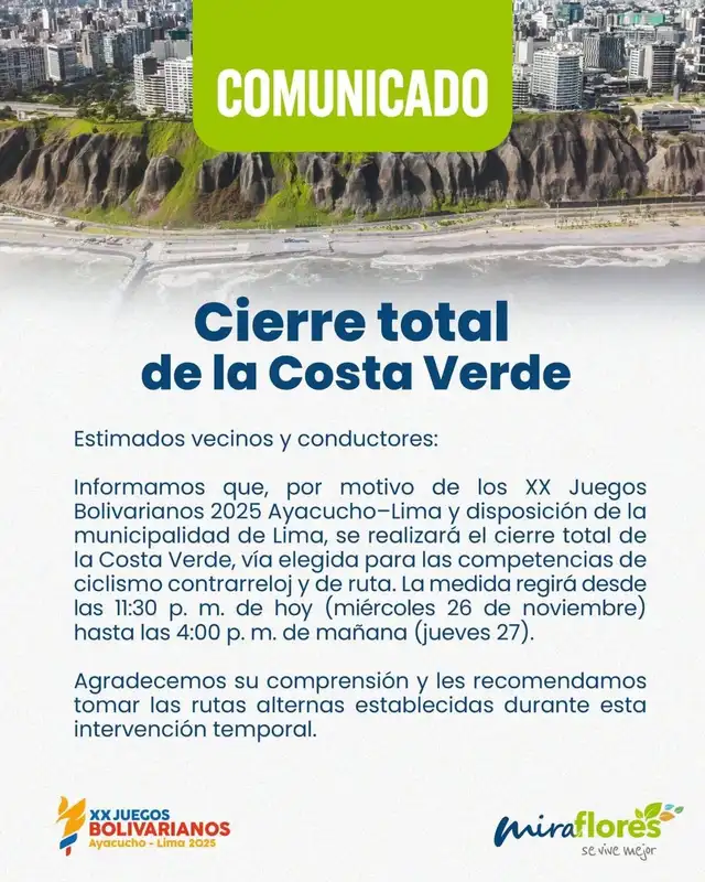 Municipalidad de Miraflores anuncia cierre total de la Costa Verde. Municipalidad de Miraflores anuncia cierre total de la Costa Verde.