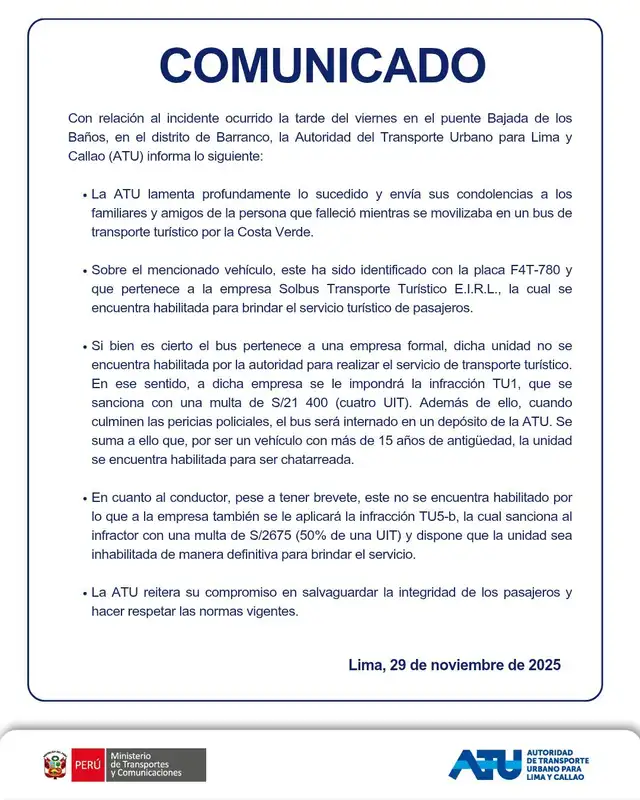 Pronunciamento de la ATU.