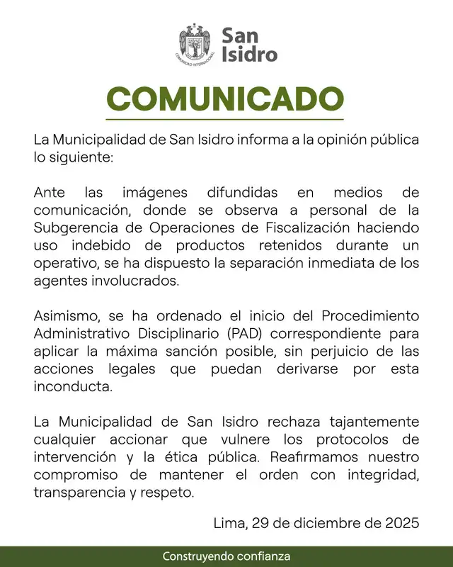 Comunicado de la Municipalidad de San Isidro.