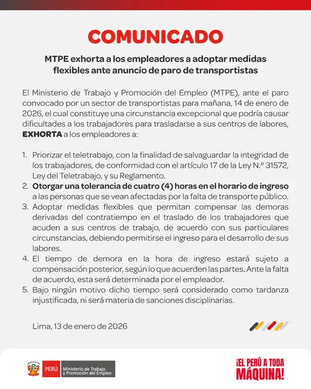  Comunicado del Ministerio de Trabajo y Promoción del Empleo. Foto: MTPE 