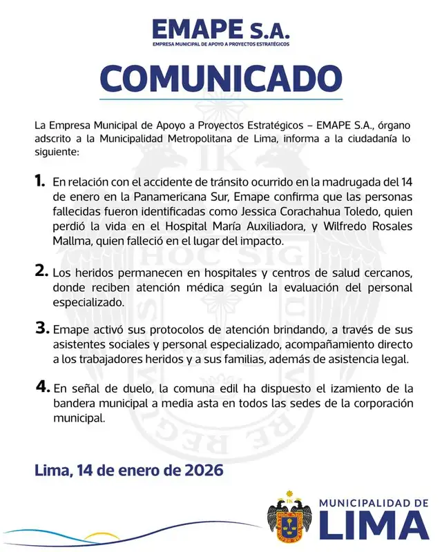 Comunicado de la Municipalidad de Lima sobre el fallecimiento de trabajadores.