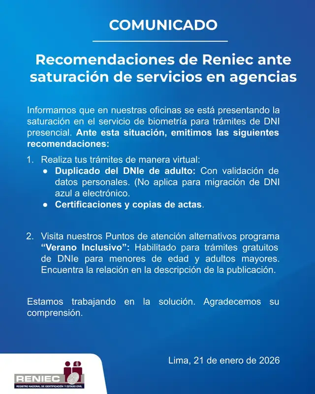 Comunicado de Reniec. Comunicado de Reniec.