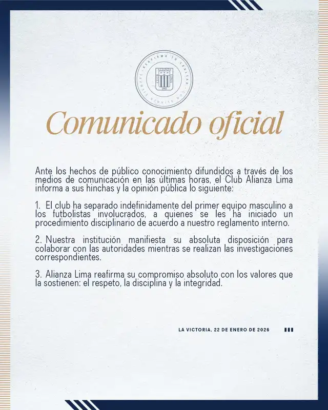 Comunicado del cuadro íntimo. Foto: Alianza Lima Comunicado del cuadro íntimo. Foto: Alianza Lima