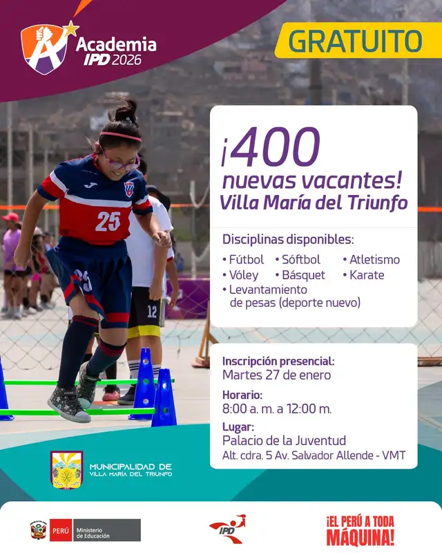 Academia IPD abre inscripciones gratuitas para 7 deportes en Villa María del Triunfo.