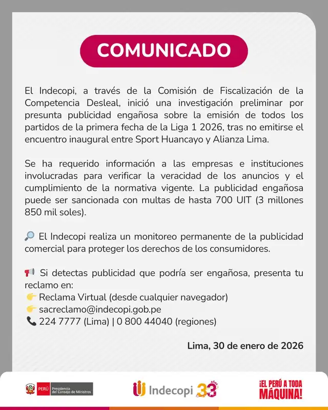 Comunicado de Indecopi a raíz de la no transmisión del Alianza Lima vs Sport Huancayo. Foto: Indecopi Comunicado de Indecopi a raíz de la no transmisión del Alianza Lima vs Sport Huancayo. Foto: Indecopi