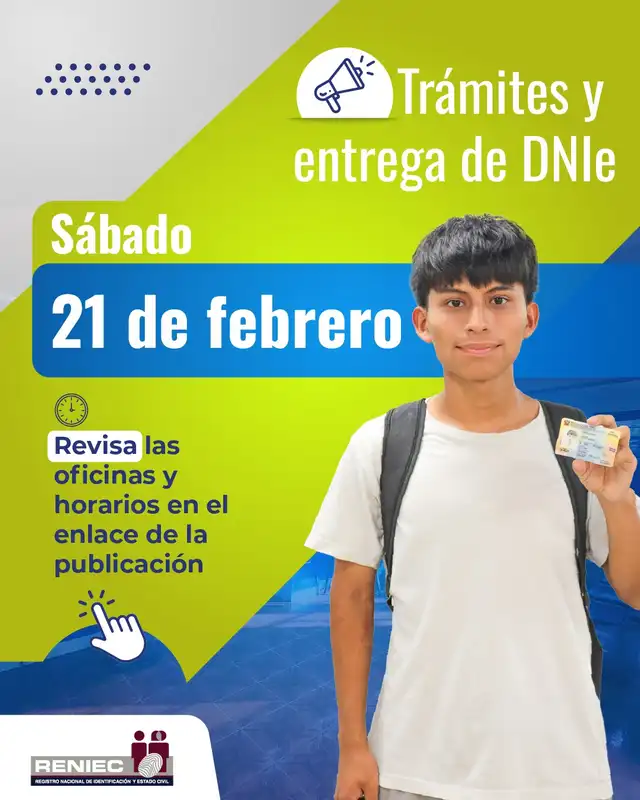 Reniec brindará atención el sábado 21 de febrero.