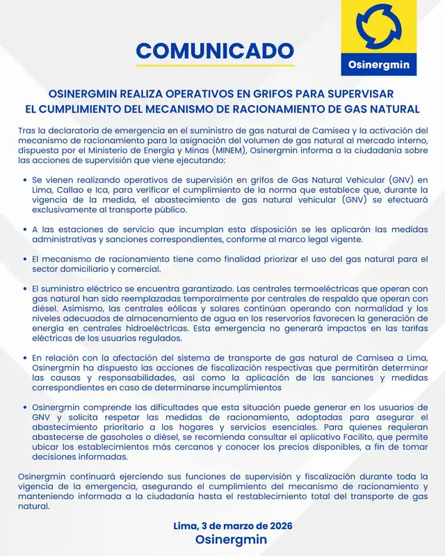 Osinergmin fiscaliza que no se venda GNV a vehículos particulares.