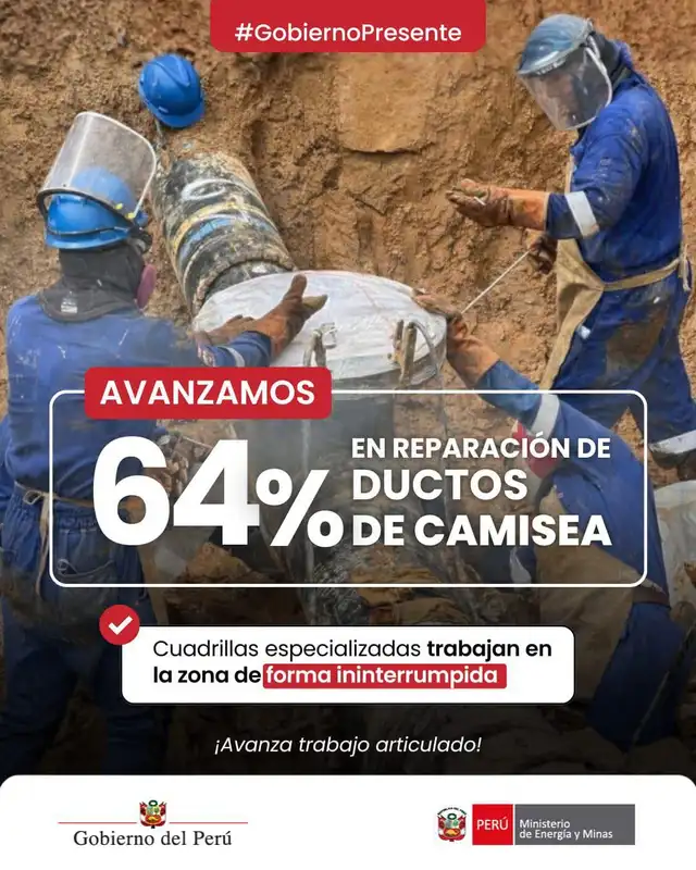 Reportan importante avance en la reparación de ductos de TGP en el Cusco.