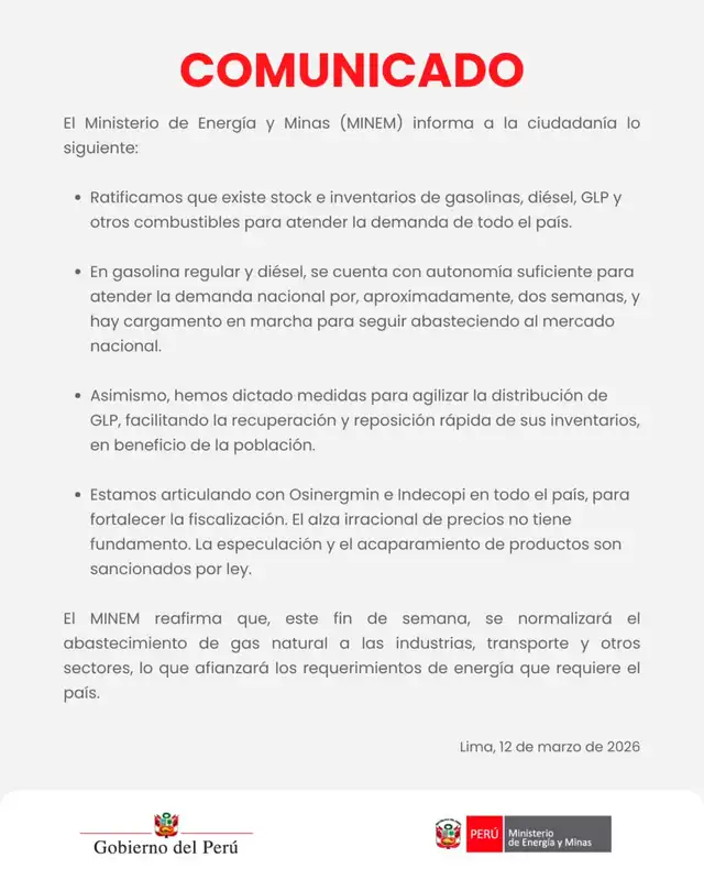MINEM informa situación actual del suministro de gas natural. 