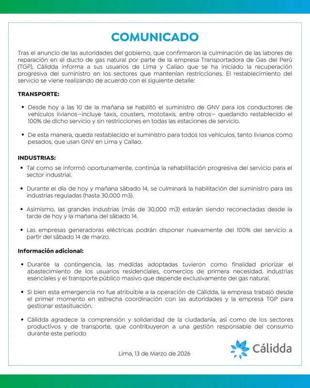 Cálidda informa que se normalizó el servicio de GNV en estaciones de servicio.