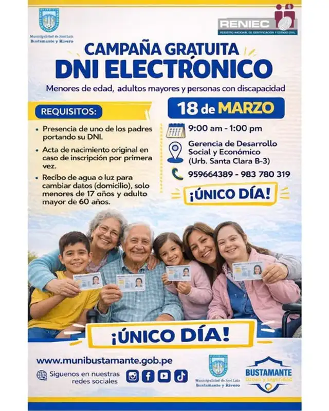 DNI electrónico gratis en la Municipalidad Distrital José Luis Bustamente y Rivero.