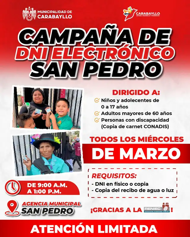 DNI electrónico gratis en la Agencia Municipal San Pedro, Carabayllo.