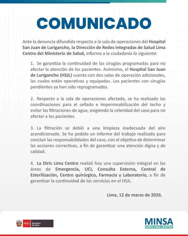 Minsa emite comunicado ante filtraciones en el Hospital de SJL.