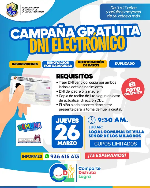 La Municipalidad de Carmen de la Legua - Reynoso, realizará campaña gratis de DNI electrónico.