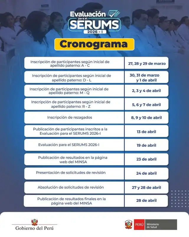 Cronograma de evaluación SERUMS 2026.