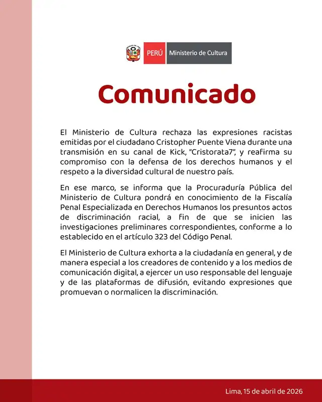 Comunicado del Ministerio de Cultura.