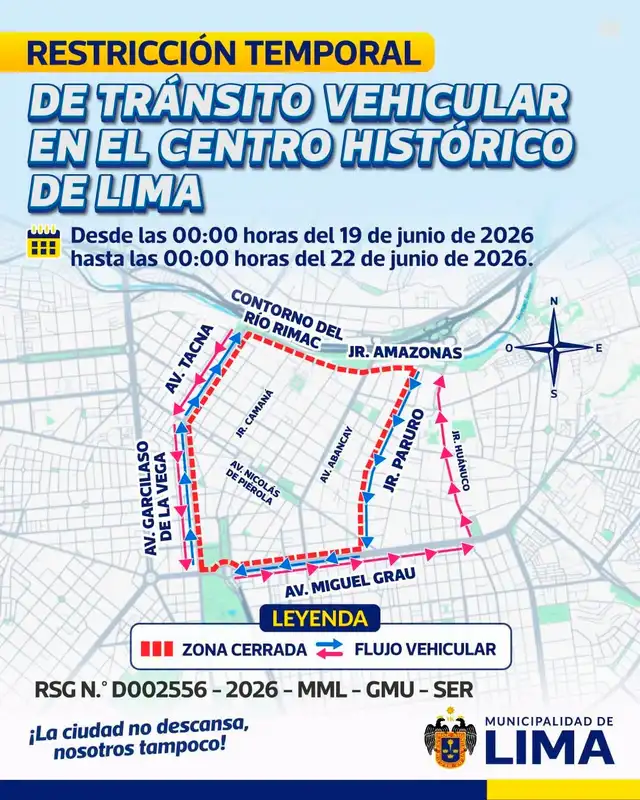 Restricción vehicular y peatonal en el Centro de Lima del 19 al 22 de junio. Restricción vehicular y peatonal en el Centro de Lima del 19 al 22 de junio.