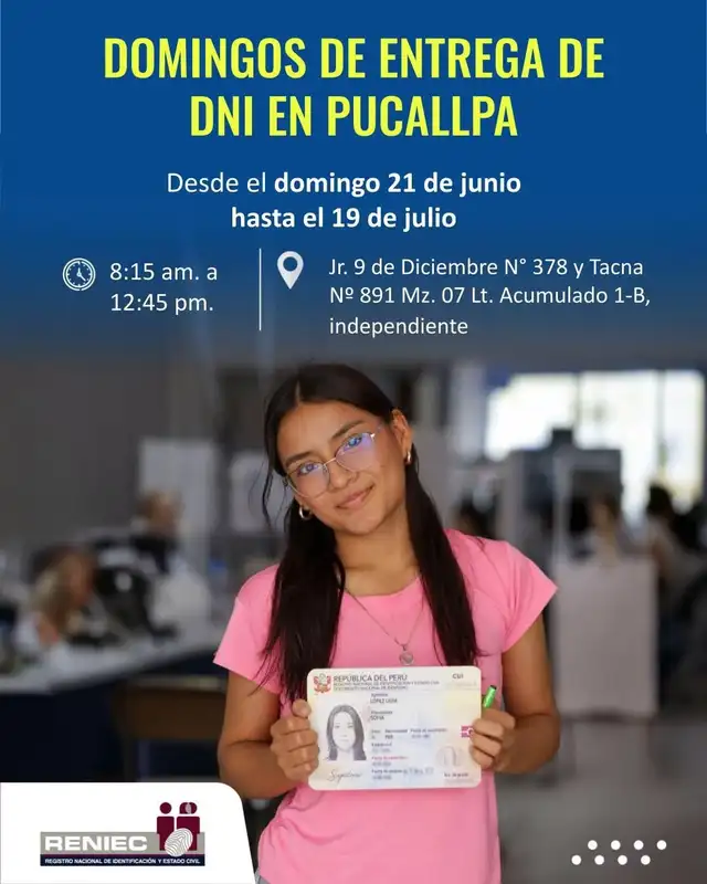 ¿Qué oficina atenderá los domingos de junio y julio y en qué horario se entregará el DNI?