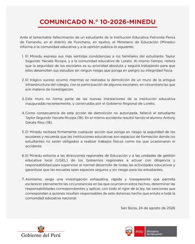 Minedu se pronuncia por el fallecimiento de un alumno tras la caída de un muro en el colegio de Loreto.