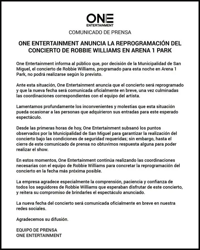 Comunicado de One Entertainment. Comunicado de One Entertainment.