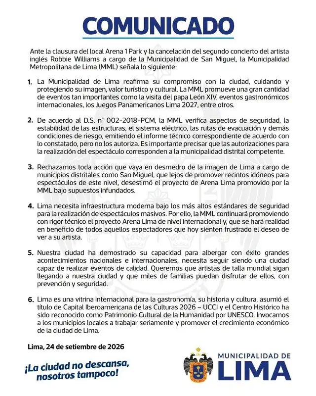 Comunicado de la Municipalidad de Lima.