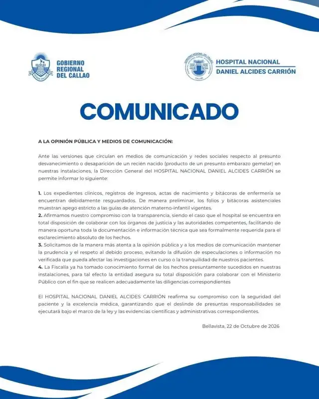 Comunicado del Hospital Nacional Daniel Alcides Carrión del Callao.