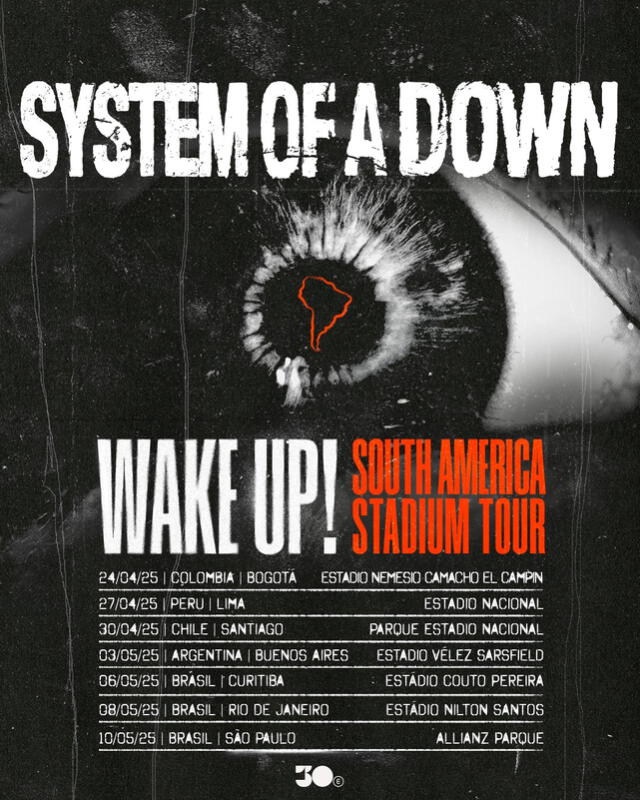 Fechas de concierto de System of a Down. Fuente: Instagram. Fechas de concierto de System of a Down. Fuente: Instagram.