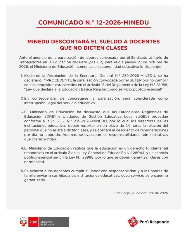 Comunicado del Minedu sobre el paro nacional del SUTEP.