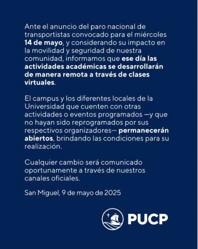 PUCP anuncia clases virtuales para este 14 de mayo.