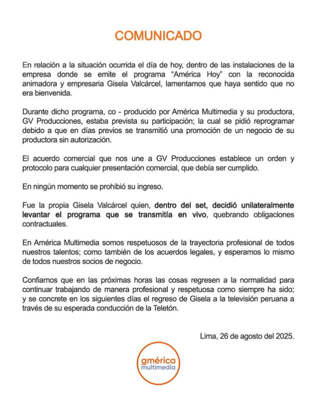 <em>América Televisión lanzó comunicado en respuesta a Gisela Valcárcel. Foto: América TV</em>   