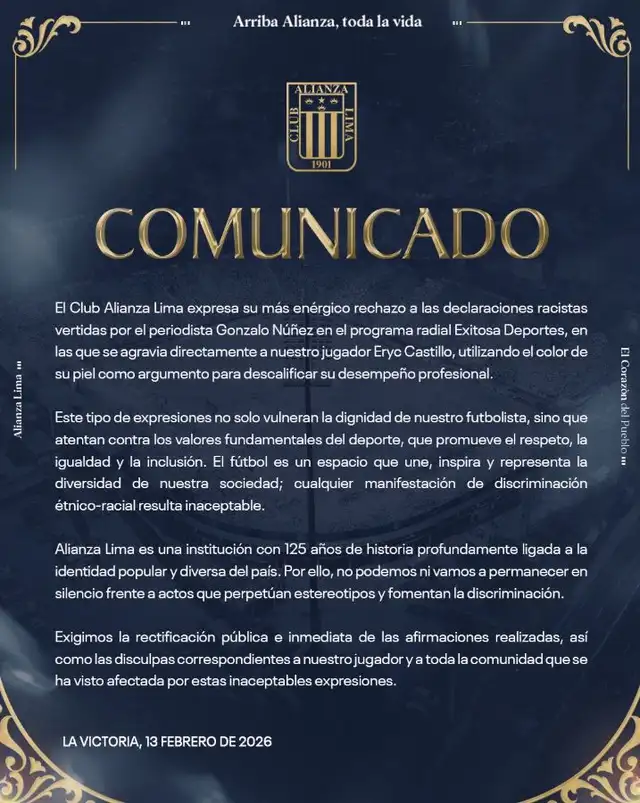 Comunicado del cuadro aliancista. Foto: Alianza Lima Comunicado del cuadro aliancista. Foto: Alianza Lima