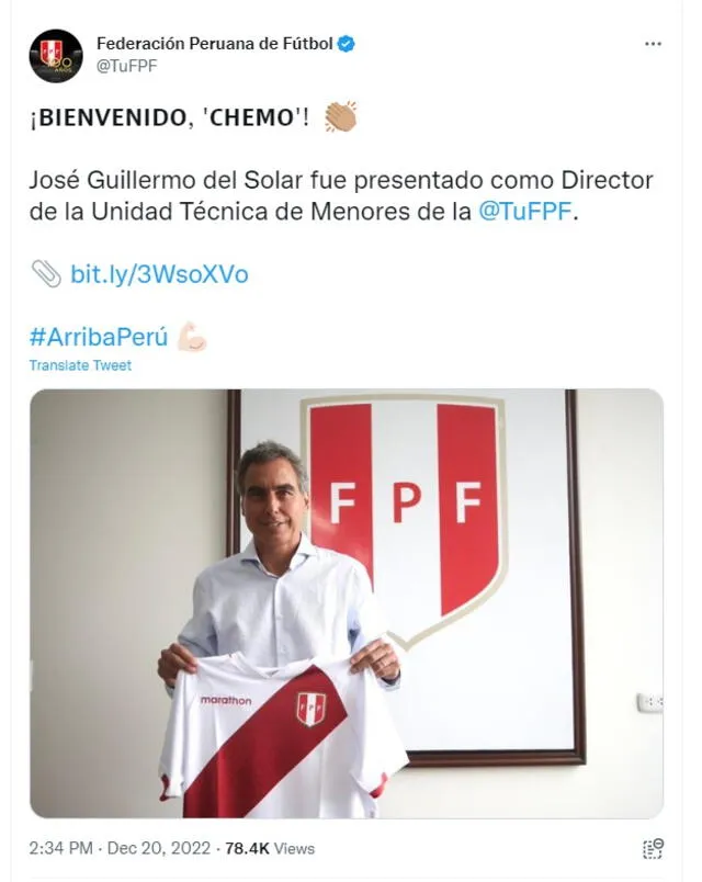 Así, la máxima autoridad del fútbol peruano anunció el ingreso de "Chemo" del Solar a la Videna. Crédito: FPF. 