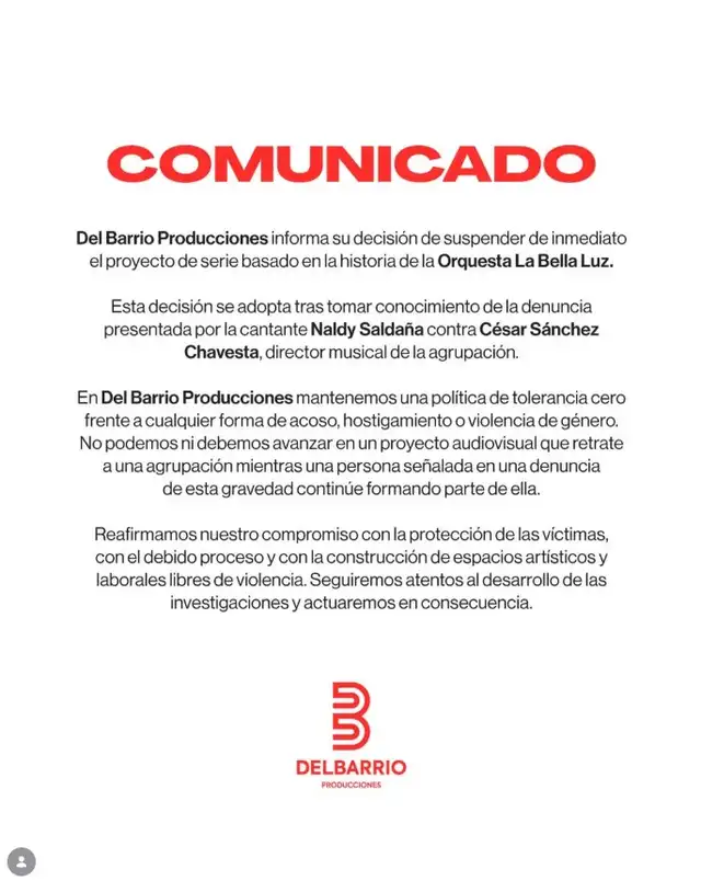 Del Barrio Producciones suspende la serie ‘La Bella Luz’ tras grave denuncia contra el director musical César Sánchez Chavesta: Del Barrio Producciones suspende la serie ‘La Bella Luz’ tras grave denuncia contra el director musical César Sánchez Chavesta: