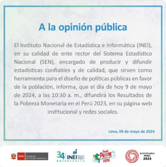 INEI confirma publicación de resultados de la situación de pobreza en el Perú 2023.