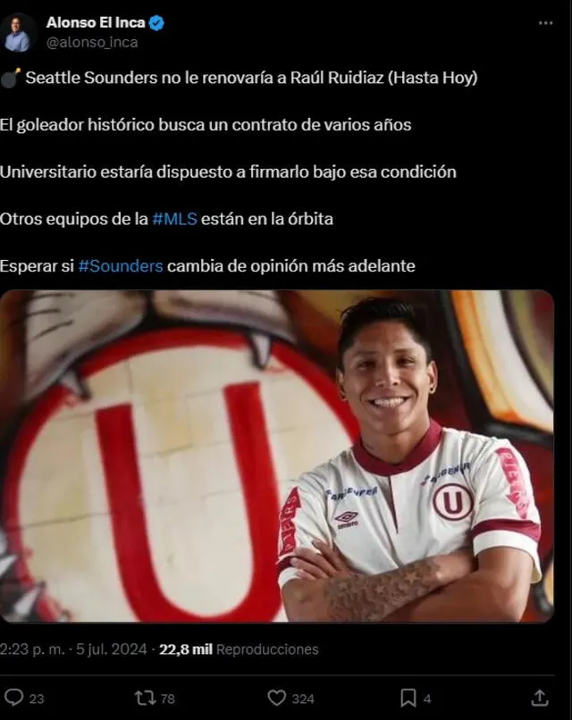 Raúl Ruidíaz en la mira de Universitario de Deportes.