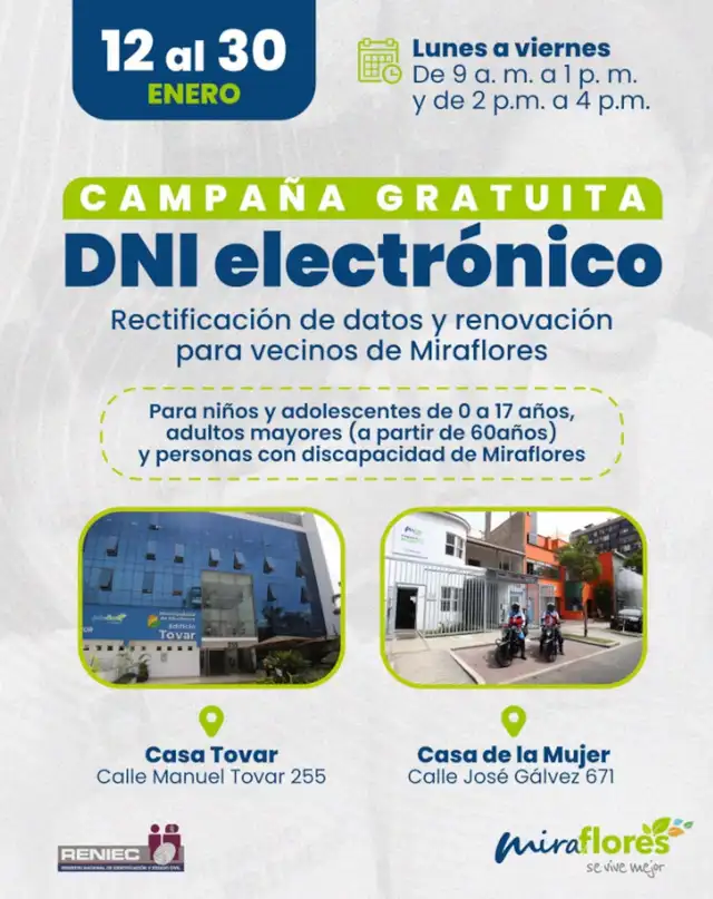 Municipalidad de Miraflores realiza campaña de DNI electrónico gratuito del 12 al 30 de enero.