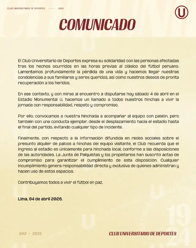 Comunicado de Universitario tras tragedia en Matute